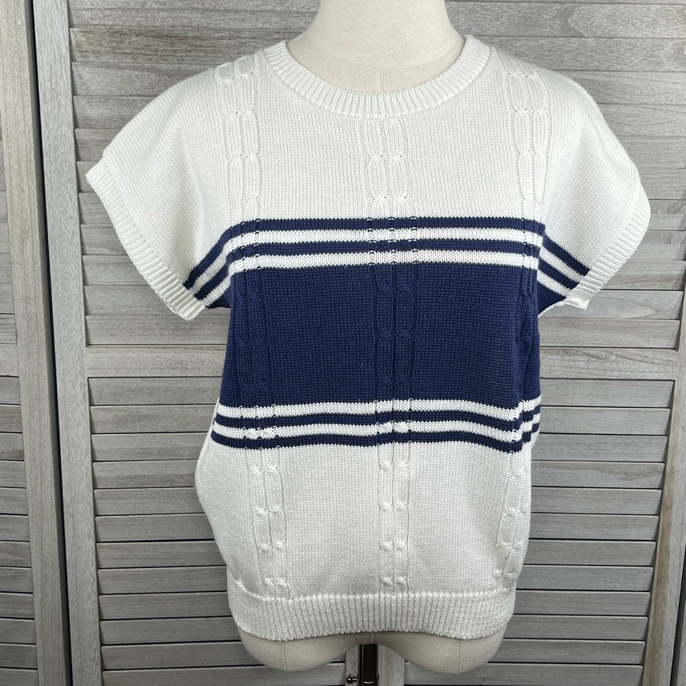 Women’s Crewneck Short-Sleeve Stripe Sweater - White/Navy